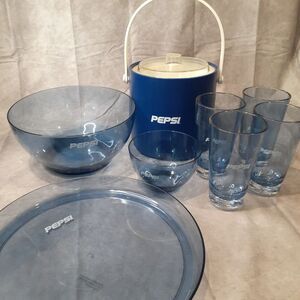Vintage Pepsi Drinkware and Serving Set of 8 Items Blue Hard Plastic - Great Set